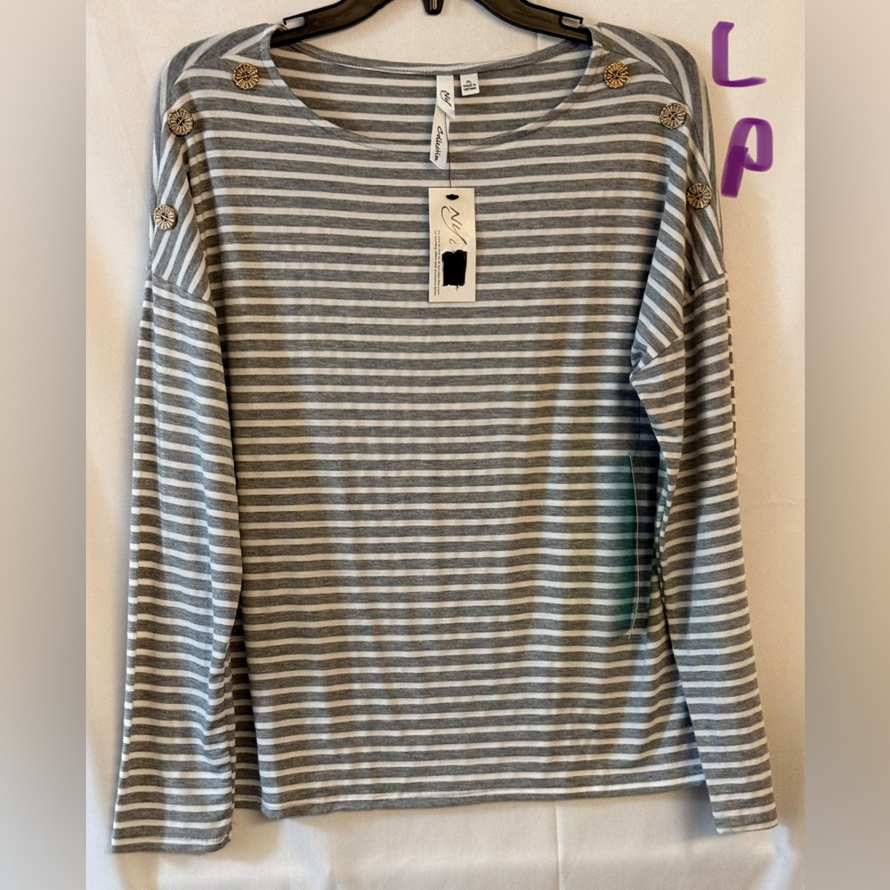 NY Collection Gray & White Striped Long Sleeve Top with Gold Shoulder Buttons
